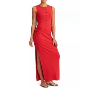 Athleta Vibrant Red Orange ribbed sleeveless ruched M snap buttons Maxi Dress